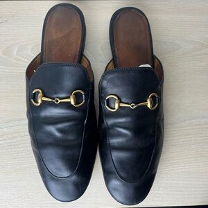 Gucci Princeton Leather Mules Size 39 Slip On Black Horsebit As-Is Well Worn